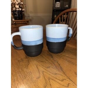 BOSTON WAREHOUSE CERAMIC POTTERY COFFEE/TEA MUG Pair 2 Blue And Black Mugs